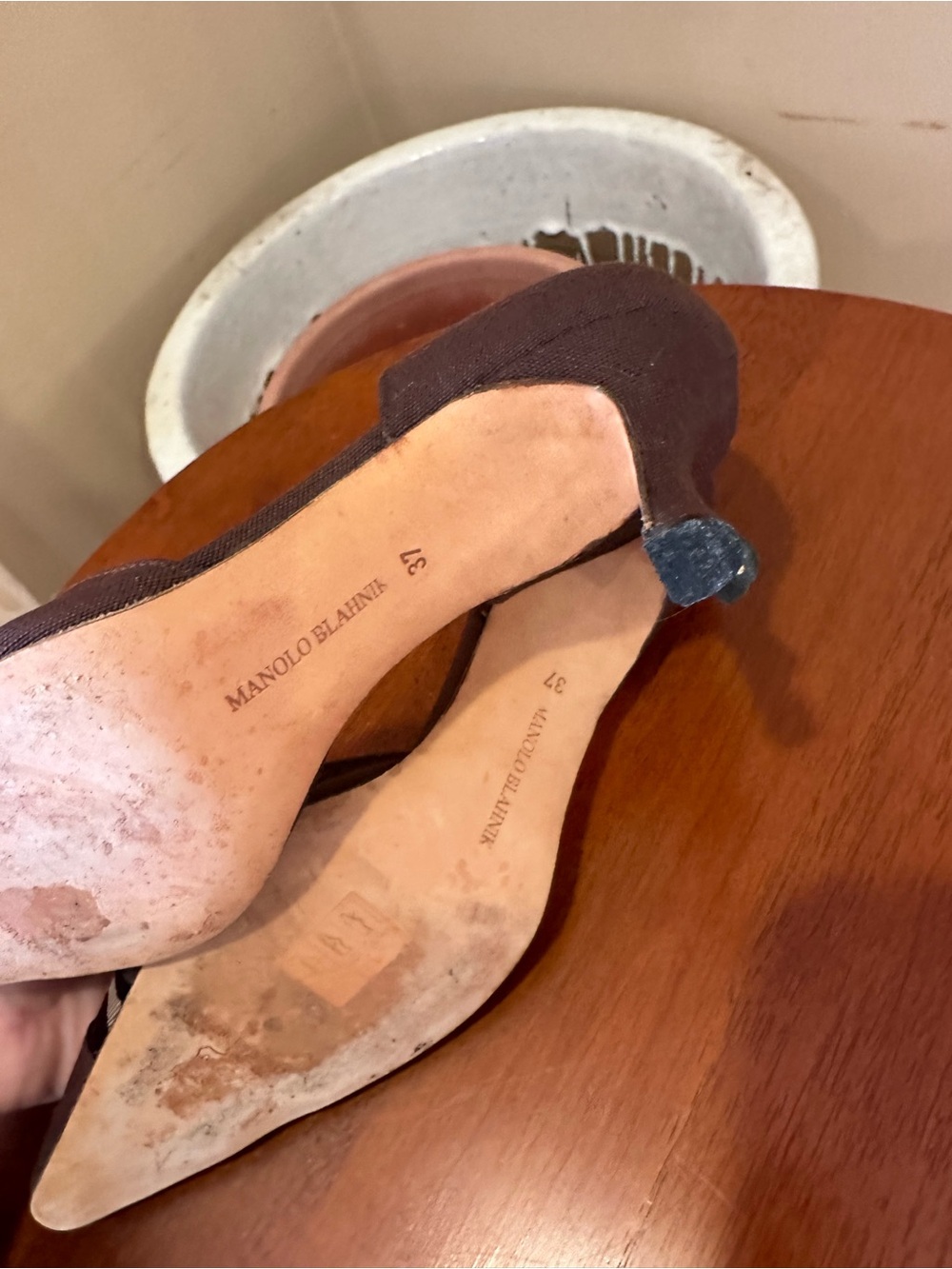 Manolo Blahnik Brown Pointed D'Orsay Pumps with Black-and-Cream Animal Panel - Picture 6 of 7